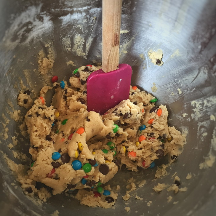 Cookie dough mixed with M&Ms and chocolate chips