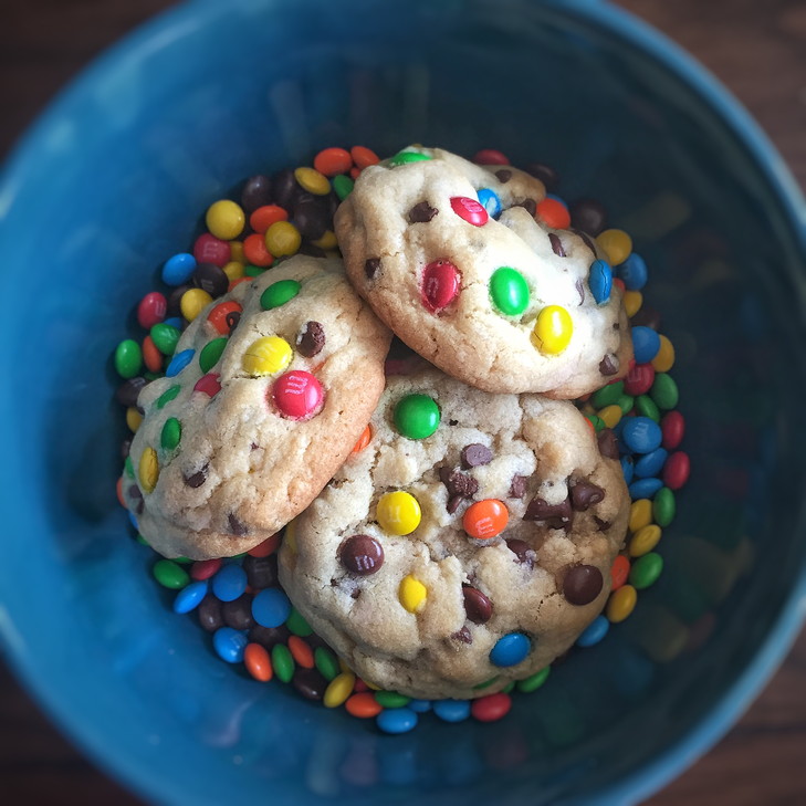 M&M Chocolate Chip Cookies sitting in a candy bowl